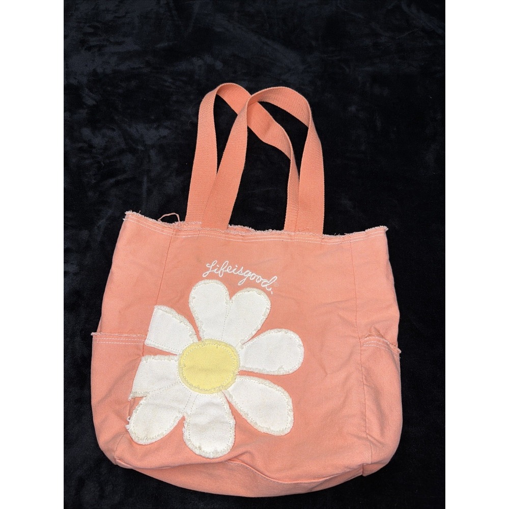 Life‎ is Good Canvas Tote Bag Coral Color Frayed Edge w Daisy